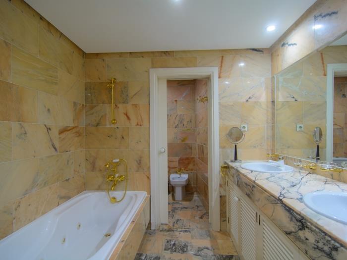 En suite bathroom with tub, shower, double sink