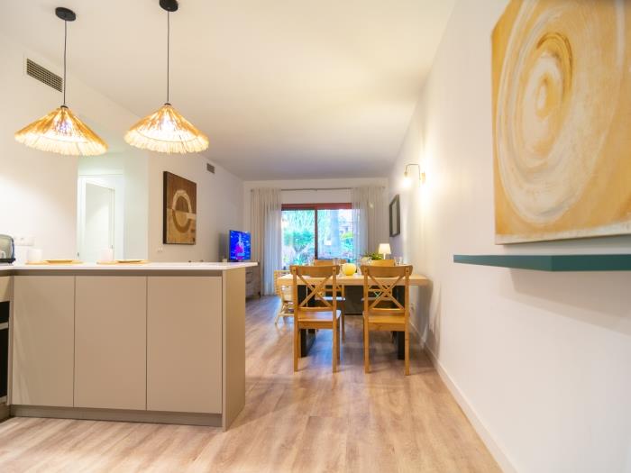 Open plan kitchen with modern decorative elements