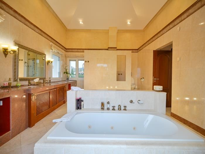 Master bedroom with bathtub, a walk-in shower, a double sink, a toilet and a bidet