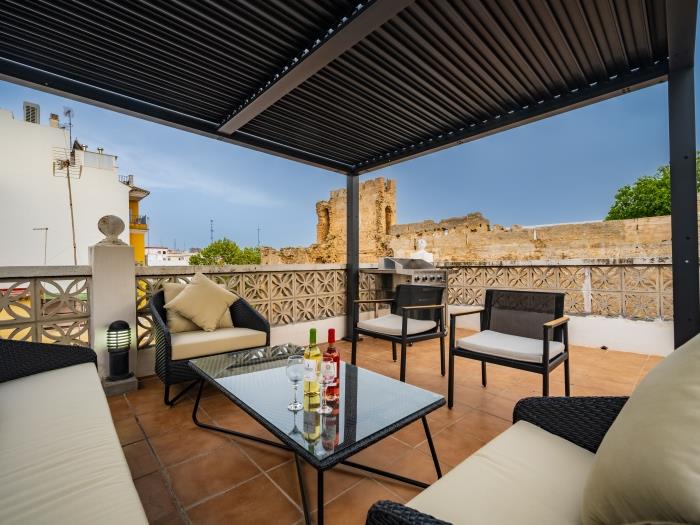 Comfortable sofas and armchairs around coffee table on the solarium